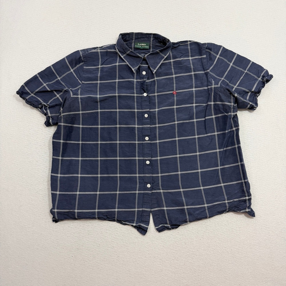 Lauren Ralph Lauren Shirt Womens XL Blue Grid Short Sleeve Button Up Vintage y2k